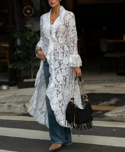 Women Long Lace Kimono Cardigan Flared Long Sleeve Tie Front Ruffle Shirt Dress See Through Flowy Cover Up Tops4