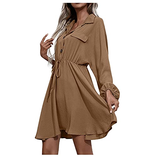 BESSKY Women Fashion Long Sleeve V-Neck Shirt Dresses Pure Color Mini A-line Dress (Khaki)