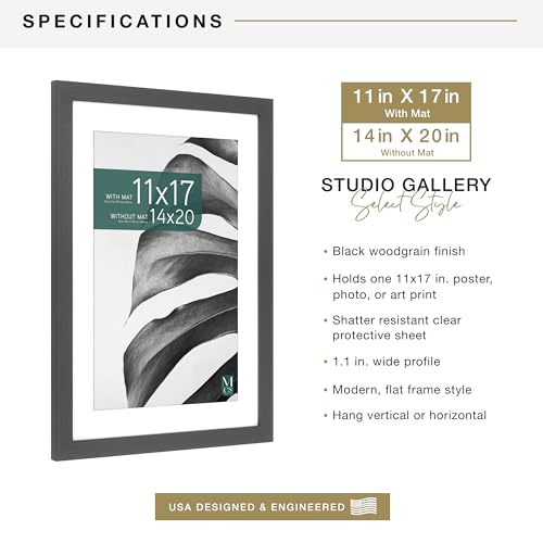 MCS Studio Gallery 14x20 Matted Poster Frame with 11x17 Picture Display, Black Woodgrain Vertical & Horizontal Wall Hanging Large Picture Frame for Photos, Posters & Art Prints (1-Pack)