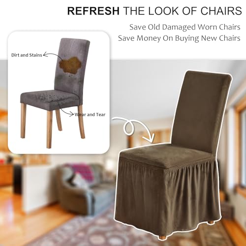 NICEEC Spandex Chair Covers for Dining Chairs Covers Set of 4 Removable Dining Room Chair Covers with Skirt Parson Chair Slipcovers Washable Chair Protector for Kitchen Wedding Party Banquet(Brown) - Image 4