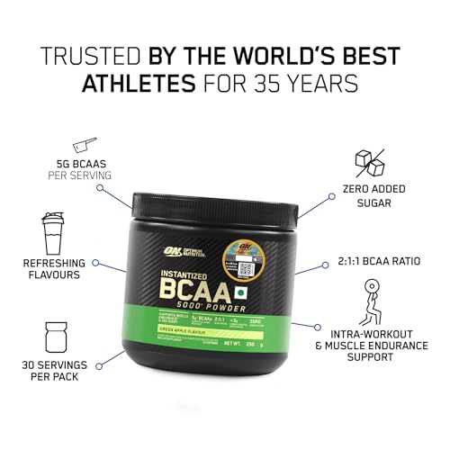 Optimum Nutrition BCAA, 5g BCAAs in 2:1:1 Ratio, 30 servings, For Muscle Recovery & Endurance, Intra workout, Informed Choice certified (250gm, Green Apple)