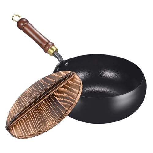 zidiau Sartén de hierro fundido forjado a mano de 24 cm con tapa, antiadherente, de acero inoxidable sin revestimiento, sartén de acero al carbono, olla para estufa de gas de inducción (tapa de madera