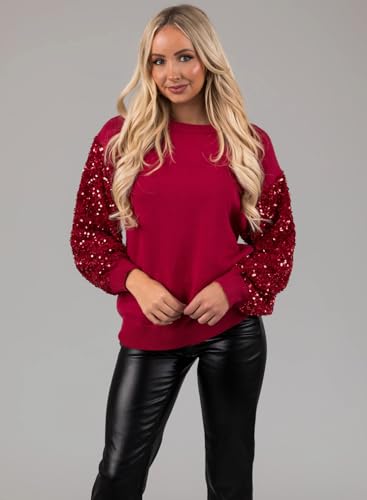 miduo Womens 2025 Fashion Crewneck Sequin Long Sleeve Casual Patchwork Sparkle Shimmer Pullovers Sweaters4