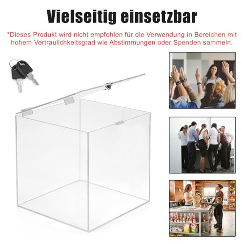 Spendenbox aus Acryl, 20x20x20cm Transparente acryl Box mit verschließbarem Deckel, acryls Losbox, Aktionsbox, Gewinnspielbo mit Schloss und Schlüssel, für Abstimmungen, Gewinnspiele, Wettbewerbe