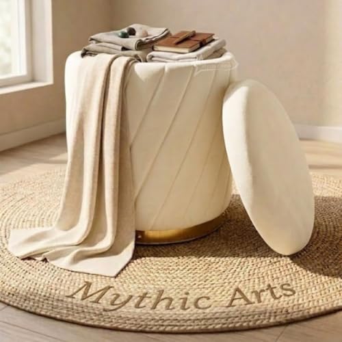Image of Mythic ArtsRound Upholstered Sitting Stool & Footrest Velvet Storage Ottoman Pouffe16 X 16X 19 inch | Versatile Puffy for Living Room, Bedroom, and Office ? Chic Home Furnishings & Dcor Cream