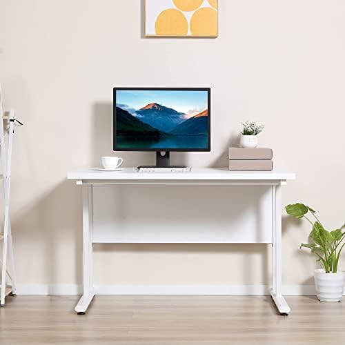 HOMCOM Computer Desk, Home Office Desk, Writing Table, 120x60x75cm Laptop Workstation with 2 Cable Management Holes, C Shaped Metal Legs for Adults and Kids, White
