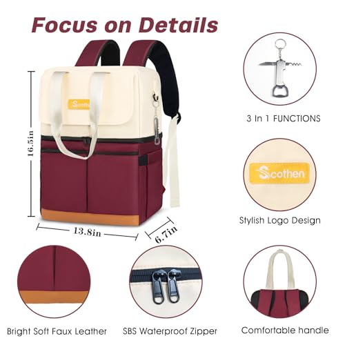 Image of Scothen Backpack Cooler with Double Decker & 12 Ice Packs- Keeps 36 Cans Cold for Up to 24 Hours- Waterproof & Leak Proof Insulated Cooler Backpack- Stylish Cooler Bookbag for Women Travel Work Beach