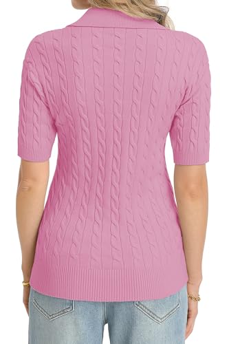 Image of QUALFORT Cable Knit Women's Short Sleeve Sweater Soft V Neck Polo Tops
