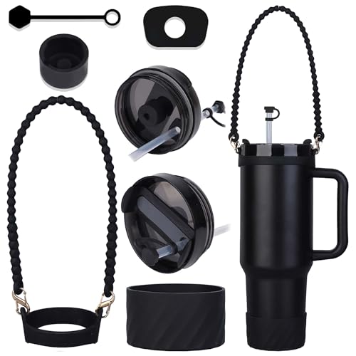 Cup Accessories Set for Stanley Including 1 Pcs Water Bottle Handle, 3 Pcs Silicone Spill Proof Stopper, 1 Pcs Silicone Boot for Stanley Cup 30/ 40oz Tumbler Accessories (Black)