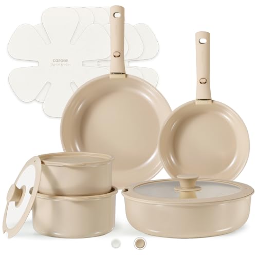 CAROTE 17pcs Pots and Pans Set, Ceramic Cookware Set Detachable Handle, Induction Nonstick Kitchen Sets with Removable Non Stick RV Oven Safe Taupe,(C07787)