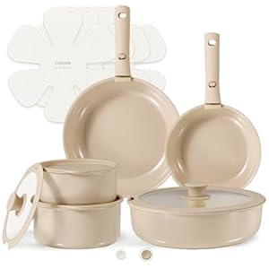 CAROTE Ceramic Cookware Sets, Pots and Pans Set Non Stick Non Toxic, Induction Cookware, Kitchen Cookware Sets, Pots Set for Healthy Coooking 15PCS, Taupe