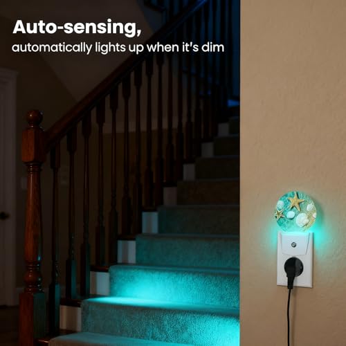 Image of Starfish and Sea Plug-in Night Light Dusk to Dawn Smart Sensor White Led Nightlight for Bedroom Bathroom Kitchen Hallway Stairs Hallway Energy Efficient Decor Desk Lamp
