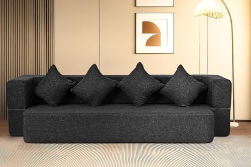 Image of Rosebell Flipper 3 - Seater | 70 X 46 X 9 | Foldable C-Type Sofa Cum Bed with Jute Washable Fabric Four Cushions - Black Color