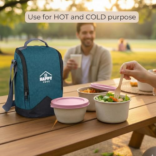 Image of Happy Cove Eco Friendly Lunch Box for Office Use, Made of Wheat Straw and Rice Husk, 3 Microwave Safe Pink Containers, Tiffin Box for Men with Lunch Bag, Microwave Safe, Oven Safe, Unbreakable