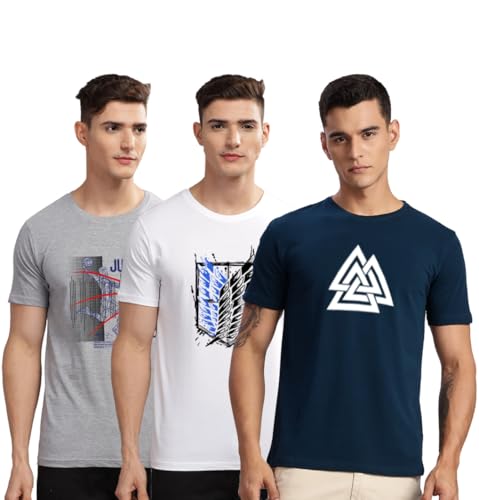 Image of ADRO 100% Cotton Lycra Tshirts for Men Combo Pack of 3 | Regular Fit | Printed T Shirt | Round Neck Half Sleeve| Mens Tshirts