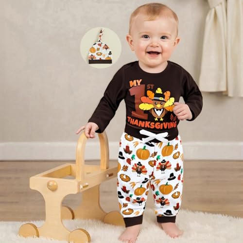 My 1st Thanksgiving Baby Boy Outfit Turkey Print Long Sleeve Romper Elastic Waist Pants Hat Set 3 Piece Fall Clothes3