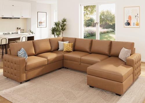 Image of HONBAY Sleeper Sectional Couch with Pull-Out Bed Sectional Sleeper Sofa Pull Out Bed with Storage Chaise, 6 Seaters Couch for Living Room, Faux Leather Brown