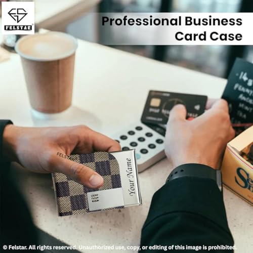 Image of FELSTAR Customized /Personalized Card Holder with Name Engraved, Leather Professional Business Visiting Card Holder /Credit Card Holders Men, Women Day Gift, Corporate Gift for Employees (Brown Check)