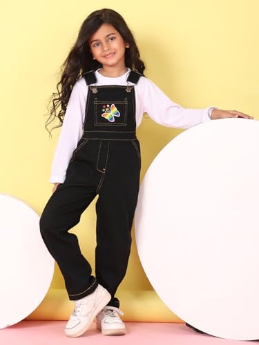 Image of superminis Girls Twill Dungaree with Full Sleeve T-Shirt Set Casual For Kids