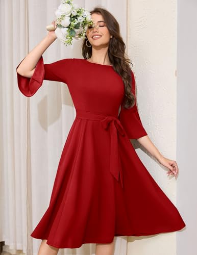 Image of HomRain Women's Church Dresses Modest Bell Sleeve Wedding Guest Cocktail Tea Party Vintage Evening Dress