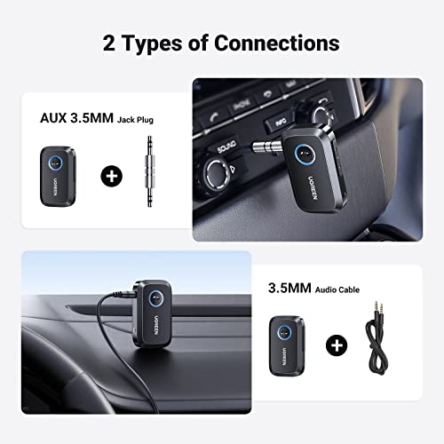 UGREEN Car Bluetooth 5.3 AUX Adapter, Mini Bluetooth 5.3 Receiver for Home Stereo/Speaker/Wired Headphones/Car, Bluetooth Car Receiver AUX, Handsfree Call, Dual Device Connection, 15 Hour Playtime