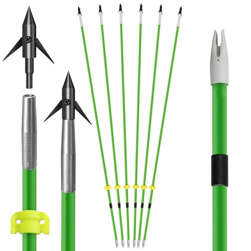 oubert 6/12 pcs 34 inch Green Bowfishing Arrows 8mm Solid Solid Fiberglass Shaft Bow Fishing Arrows with Replaceable Tips Archery Arrows for Compound Bow Recurve Bow Fishing and Hunting (6PCS)