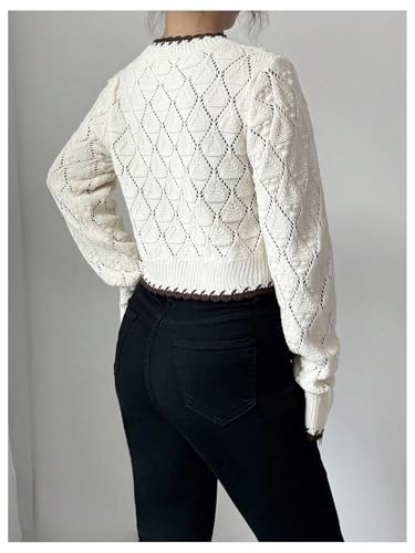 Women's Hollow Out Crochet Cropped Sweater Lightweight Long Sleeve Crew Neck Knitwear Top Fall Outfits2