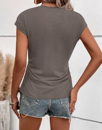 Bliwov Womens Fall Tops Cap Sleeve Business Casual Ruched T Shirts Trendy Basic Crewneck Outfits Beach Vacation Clothes M Grey2