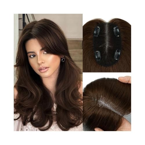 JIANBOHAIRS 3.5'x5.5' suizo base de encaje Tops de pelo real 10 pulgadas rayita natural recto Remy postizo clip en pelo europeo toppers añadir volumen de cabello para adelgazar el cabello(Brown)