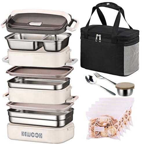 HEWOOH Large Bento Box Adult Lunch Box (74 Oz Large Capacity), Reusable, Including Lunch Bag, Fork And Spoon, 3 Dividers, Suitable For Work, Picnic, Dishwasher And Microwave Safe.(White)