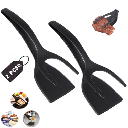 RodThan 2 espátulas y pinzas 2 en 1, espátula para huevos, utensilios de cocina antiadherentes multiusos, panqueques, tostadas francesas, tortillas, pan, cocina casera, agarre y volteo (negro)