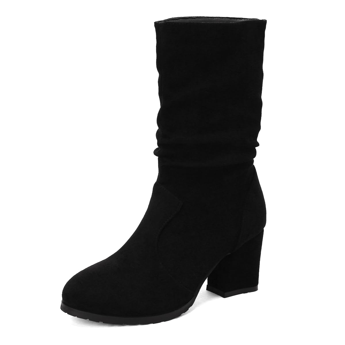 Chunky High Heels Mid Calf Boots For Womens Round Toe Suede Pull On Winter Fall Slouchy Dressy Boot