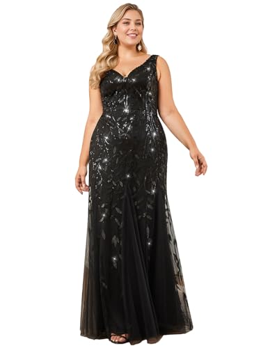 Image of Ever-Pretty Plus Sequin Formal Dresses Sleeveless V Neck Mermaid Ball Gowns Plus Size Prom Dress