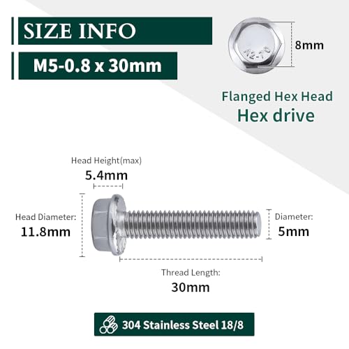 Image of M5-0.8 x 30mm Hex Flange Bolt (1.18 inch Thread Length), DIN6921, Serrated Locking Flange, 304 Stainless Steel, UNC Full Thread, 30-Pack