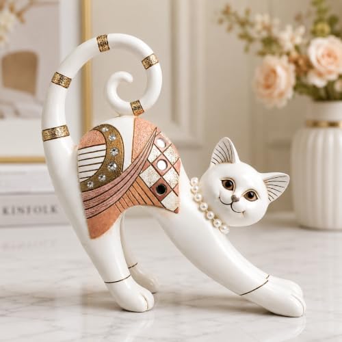 Image of Armonia Charming Stretching Cat Showpiece for Home Decor, Premium Polystone Cat Figurine with Crystal, Pearl & Rose Gold Accents, Decorative Statue for Living Room,Office,Bedroom,Shelf Decor,8.27 Inch