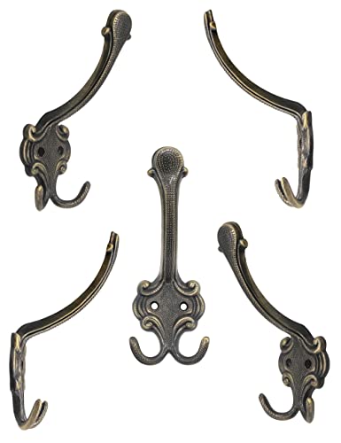 Fuxxer Classic Coat Hooks, Double Hooks, Hat Hooks, Clothes Hooks, Antique Design, Set of 5, Bronze (Large) - Image 2