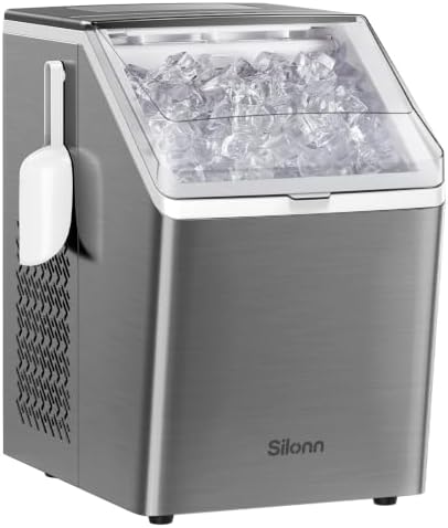 Silonn Ice Makers Countertop, 44lbs Per Day, 2 Ways to Add Water, Auto Self-Cleaning, Stainless Steel Ice Machine for Home Office Bar Party