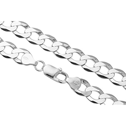 Aka Gioielli® - Women Men Rhodium Plated 925 Sterling Silver Necklace - Flat Cuban Curb Chain 9.1 mm - 22 inch Cover