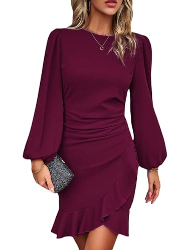 Image of Spicy Sandia Women Ruched Bodycon Cocktail Formal Mini Dress Elegant Ruffled Lantern Sleeve Business Work Banquet Tulip Dress