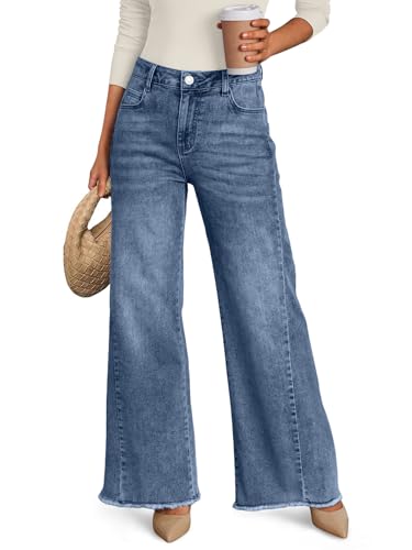 Trendy Queen Women's Wide Leg Jeans, Relaxed Loose Straight Leg with Raw Hem, Comfort Denim Pants...