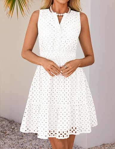 ZESICA Women's Summer Sleeveless Mini Dress V Neck Hollow Out Eyelet High Waist A Line Swing Short Party Dresses3