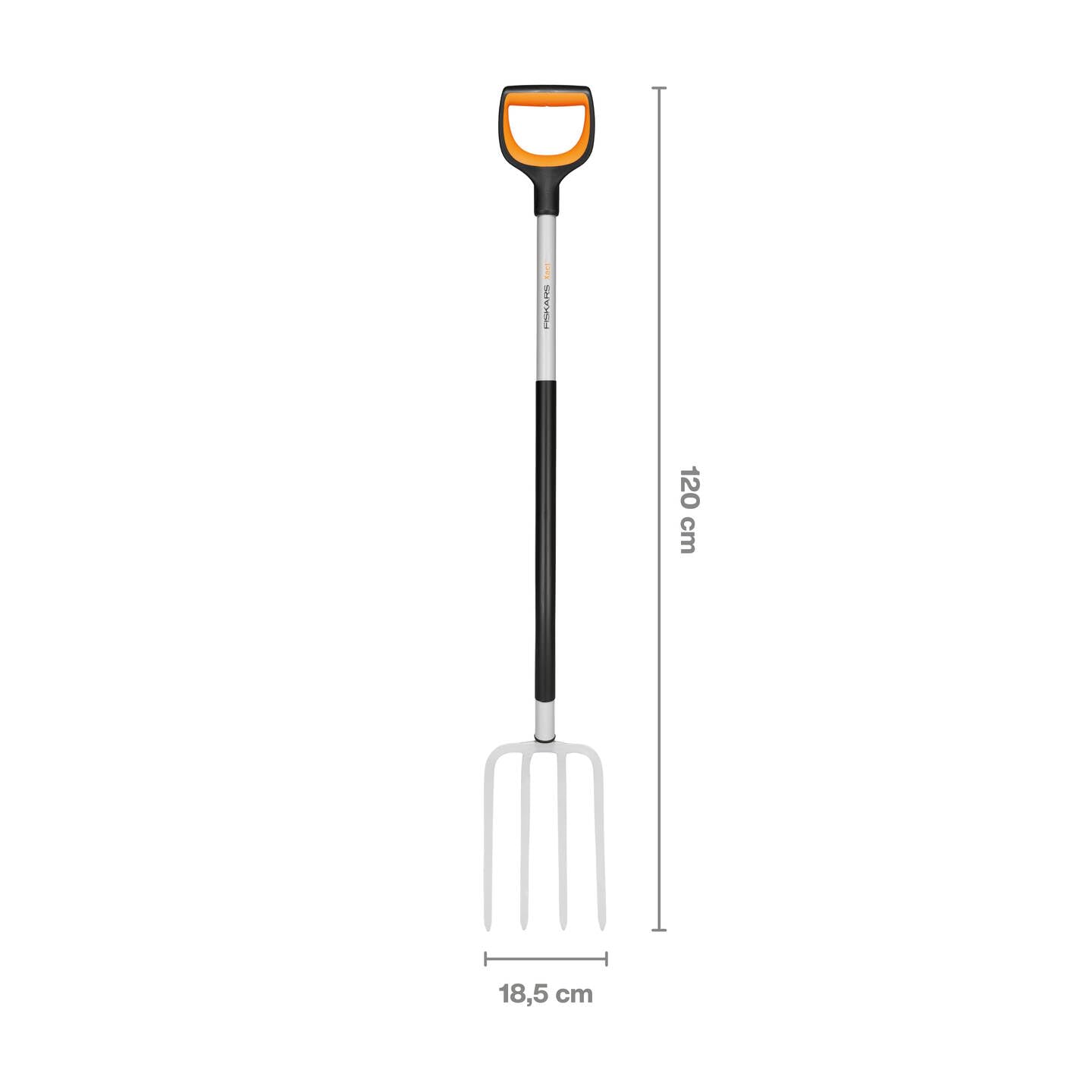 Fiskars Horca de jardín para suelos duros y pedregosos, Con 4 púas, Longitud: 120 cm, Púas de acero de calidad/Mango de plástico reforzado con fibra de vidrio, Negro/Naranja, Xact, 1070716