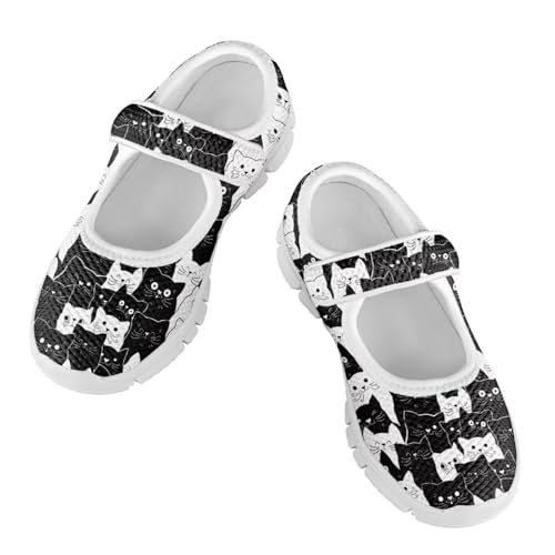chaqlin Child Shoes Cat Print Girls Non-Slip Dress Shoes Mary Jane with Single Buckle Comfort Barefoot Shoes Lightweight Casual Walking Sneakers