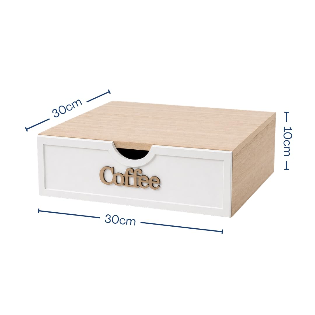 Porta Cialde Bianco Coffee con Cassetto e Ripiano Resistente - In legno – Organizer Classico per Cialde, Capsule e Tisane A 3 Scomparti – Porta Capsule Caffè – Ideale per Cucina, Ufficio, B&B (coffee)