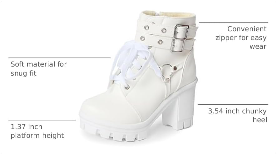 Image of MEOTINA Goth Women Platform High Heel Boots Buckle Combat Ankle Booties | Features edgy gothic steampunk rave emo sexy cosplay styling, designed with thick heel, buckle, studded ,lace up and zipper