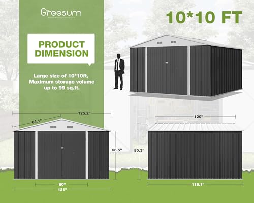 Image of Greesum 10x10FT Outdoor Storage Shed, Utility Tool Shed Metal Storage Shed with Door & Lock for Patio Storage, Garden, Lawn, Gray