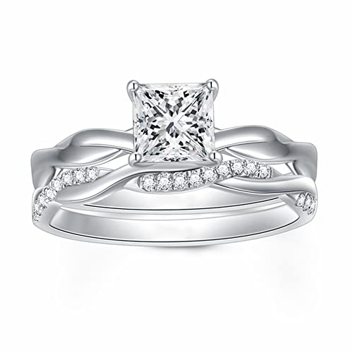 Princess Cut Wedding Ring Sets for Women Bridal Sets Engagement Ring Set, 1-1/2 Carat(ctw) Moissanite Twisting Infinity Pave Set 925 Sterling Silver 10K 14K 18K Gold Free Engraving