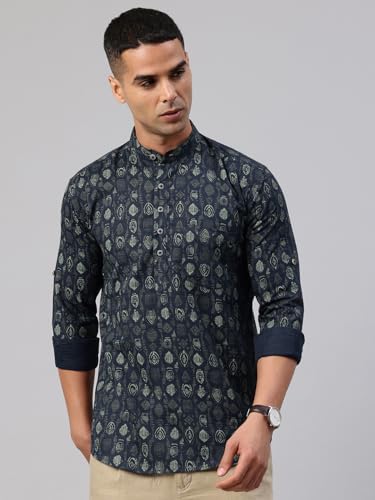 Image of Majestic Man Men's Pure Cotton Printed Mandarin Collar Regular Fit Roll-Up Sleeves Short Kurta