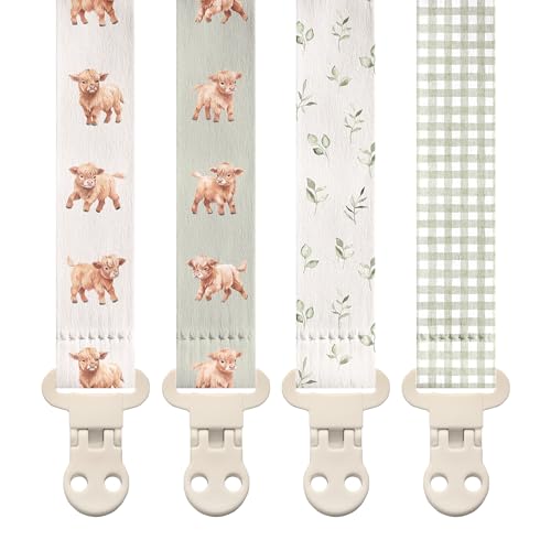 Image of Stadela Baby Fabric Pacifier Clip Holder, Plastic Clip, 4‑Pack, Farm Pattern, Rowan Set