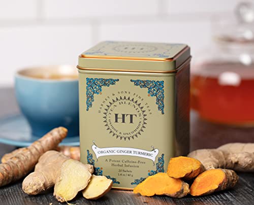 Image of Harney & Sons HT Organic Ginger Turmeric Herbal Tea, 20 Sachets Tin | Organic herbal tea with ginger, turmeric, apple, beetroot, and lemongrass. Naturally caffeine free.